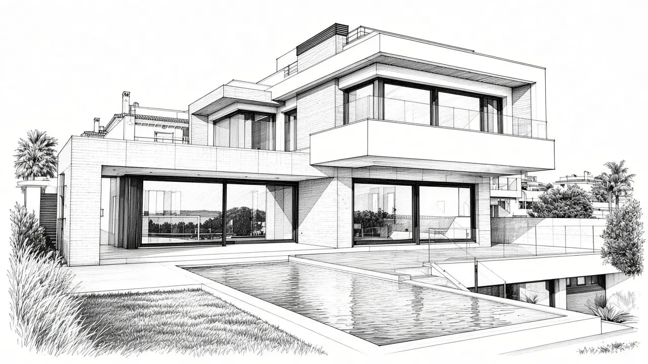 Ink sketch reference of a modern house with pool