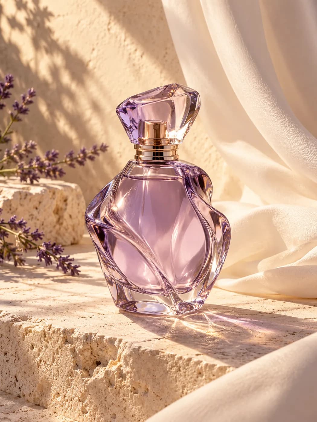 AI-generated lavender glass perfume bottle on sunlit limestone