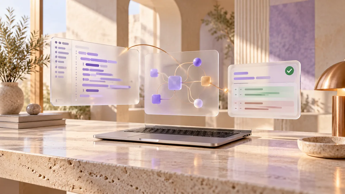 Illustration of a silver laptop with connected code, context, and review panels